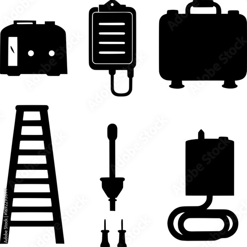 Simplified tool icon set for industrial use, featuring generator, clipboard, light tower, mobile electric box, tangled plugs, extension cords.
