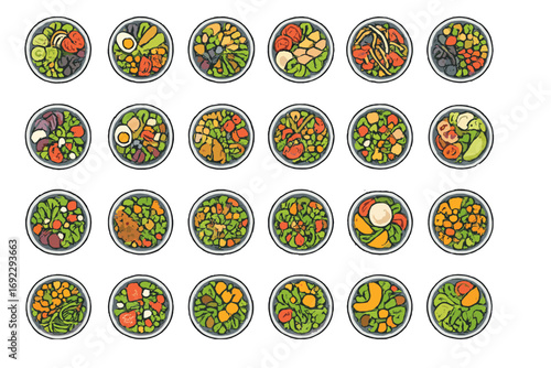 Variety of colorful salad bowls presented in an arranged layout showcasing fresh ingredients and vibrant colors