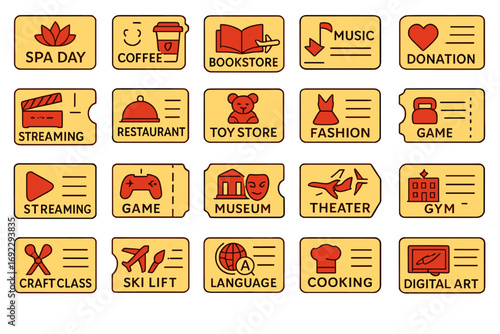 Unique tickets for various activities including spa days, games, and art classes for a vibrant community experience