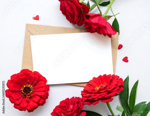 Blank card surrounded by red flowers and hearts