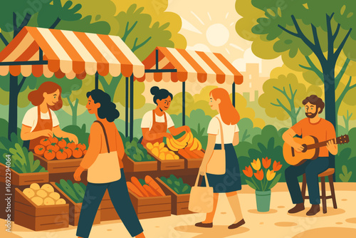 People shopping for fresh produce and enjoying live guitar music at a sunny outdoor farmers market