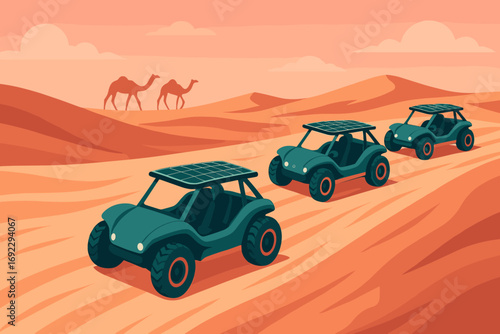 Solar-powered dune buggies driving through desert landscape with camels in the distance under a warm sky