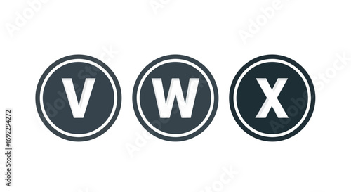 Three dark gray circular icons displaying the letters V, W, and X.