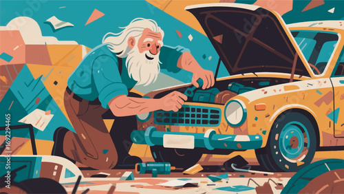 illustration of an old man repairing an old car vector design template