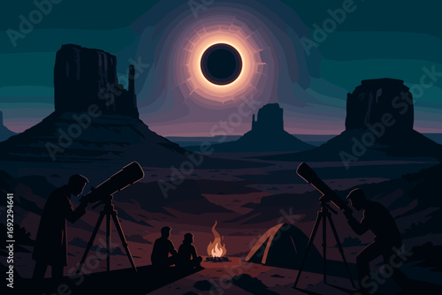 Silhouetted stargazers and telescopes watching total solar eclipse in desert with campfire and tents