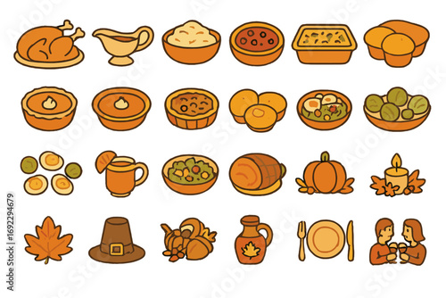 Hand-drawn Thanksgiving celebration icon set featuring festive foods, fall elements, and holiday decorations on a warm brown background