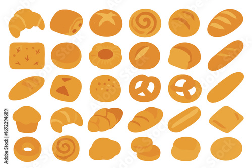 Flat Style Collection of Baked Bread and Pastry Icons Featuring Croissants, Rolls, Muffins, Pretzels, and Loaves on Orange Background