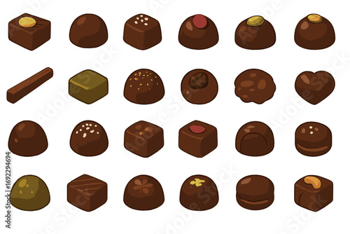 Collection of Assorted Chocolate Bonbons and Truffles with Nuts, Fruit, and Decorative Toppings in a Flat Design Style