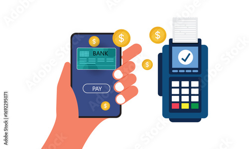 Payment terminal and hand with mobile phone in credit card