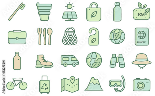 Eco travel and outdoor adventure icon set with sustainable tourism and green lifestyle essentials on soft green background