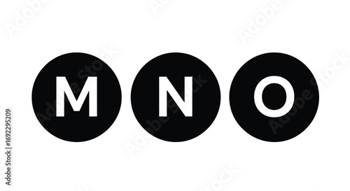 The minimalist MNO logo features three black circles, each containing a white capital letter.