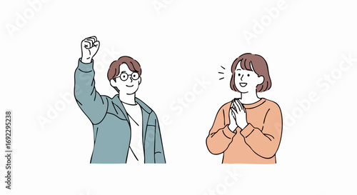 Enthusiastic young man celebrates as woman expresses gratitude, ideal for teamwork and collaboration