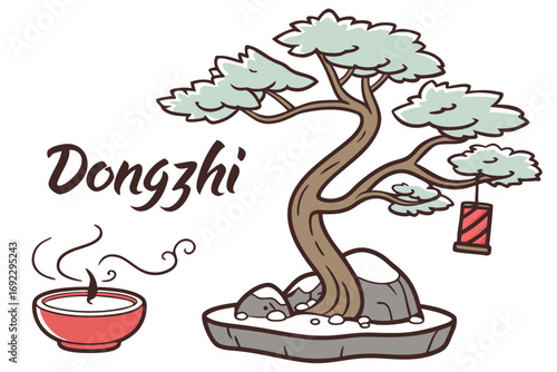 Illustration of a bonsai tree with a lantern and a steaming bowl of soup for dongzhi festival