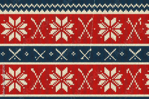 Seamless knitted pattern with snowflakes and crossed ski poles in red, navy, and cream for winter and Christmas sweater designs
