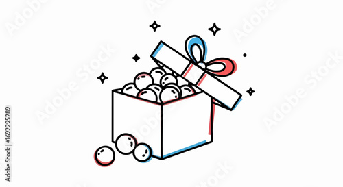 Open gift box with bow and decorative spheres, perfect for celebrating birthdays and special occasions