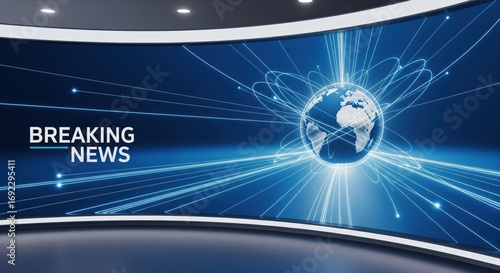 Breaking news background with digital globe and glowing network lines symbolizing global communication, media, technology, broadcasting, information flow, speed, and connectivity.