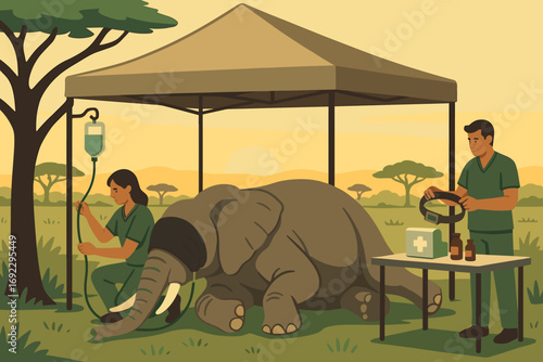 Veterinarians treating injured elephant under medical tent at sunset in savannah, wildlife conservation digital illustration
