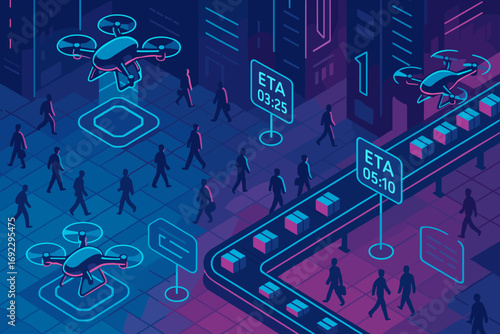 People walking in futuristic smart city with drones delivering packages and real-time ETA updates, neon isometric illustration