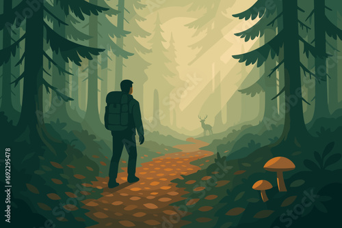 Lone backpacker on forest trail spotting deer in foggy morning light, digital nature artwork