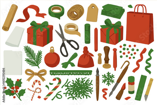 Flat lay of Christmas gift wrapping supplies and holiday crafting materials in red and green
