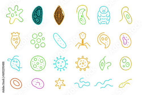 Neon glowing icons of microorganisms, bacteria, viruses, and protozoa in colorful vector style