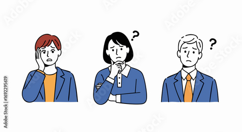 Puzzled professionals facing business challenges and difficult decisions, seeking creative solutions for success