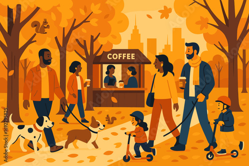 Families enjoying a walk in an autumn park with coffee stand, dogs, and children riding scooters