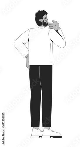 African american man in business suit thinking, rubbing chin 2D line character. Black male employee from behind. Office worker isolated vector ink outline person. Monochromatic spot illustration