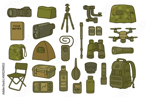 Nature observation and field photography gear illustration with hand-drawn icons of drones, binoculars, cameras, tents, and survival tools on green background