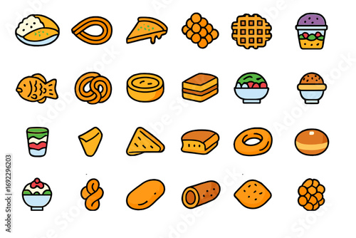 Colorful cartoon Asian snack and dessert icon collection on gradient background, hand-drawn food illustrations