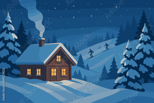 Snowy mountain cabin with glowing windows and skiers under starry night sky in winter forest