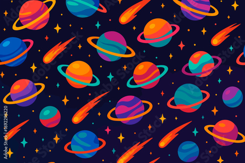 Seamless vibrant space pattern with colorful planets, shooting stars, and cosmic elements on dark starry background