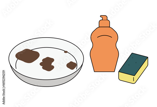 Dirty plate with burnt food stains, dishwashing liquid, and sponge cleaning tools for kitchen hygiene and household chores vector illustration