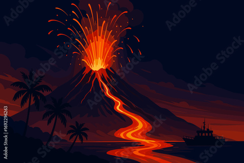 Dramatic nighttime volcanic eruption with lava flowing into the sea near tropical coastline and silhouetted boat