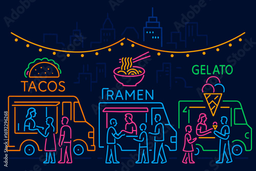 Neon illustration of a vibrant night street food market with taco, ramen, and gelato trucks in an urban cityscape