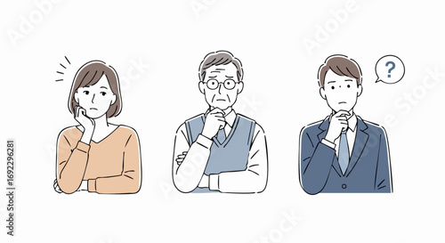 Three people are looking thoughtful and puzzled about a problem to solve with a simple illustration style