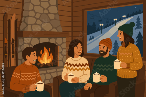 Winter cabin illustration with friends enjoying hot drinks by the fireplace after a night of skiing
