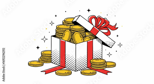 Celebrate financial success with this gift box overflowing with gold coins and a festive red ribbon