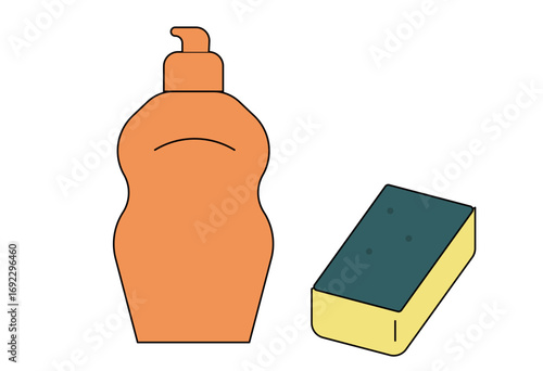 Dishwashing liquid bottle with sponge cleaning tool for kitchen hygiene and household chores flat vector illustration