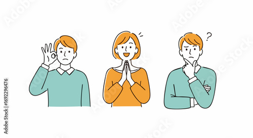 Diverse cartoon figures express approval, gratitude, and contemplation on clean white background