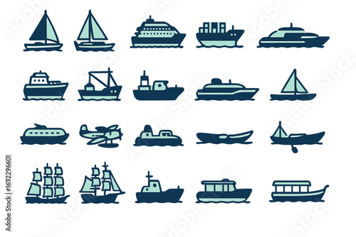 Stylized nautical vessel icon set featuring sailboats, cruise ships, cargo ships, speedboats, submarines, kayaks, and historic ships in dark blue tones