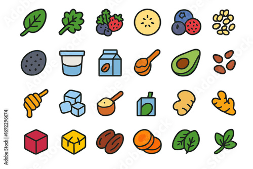Colorful illustrated food ingredient icons including fruits, greens, dairy, seeds, herbs, and superfoods on gradient background
