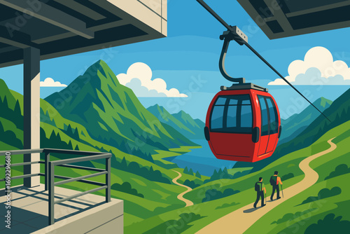 Scenic Mountain View with Cable Car and Hikers