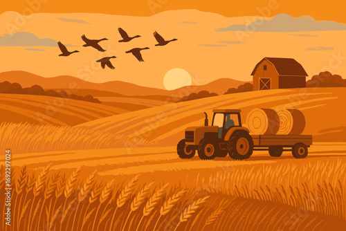 Rustic farmland illustration with tractor, hay bales, barn, wheat fields, flying geese, and warm sunset atmosphere