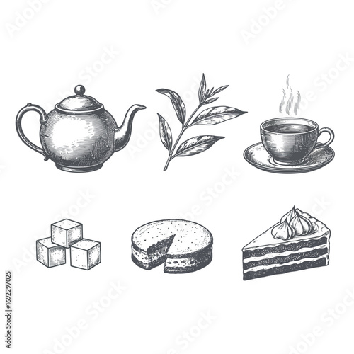 Hand drawn sketch of tea time elements with cakes and sugar cubes