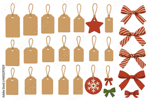 Blank kraft paper Christmas gift tags with red and white striped bows, festive ornaments, and ribbon accents for holiday wrapping