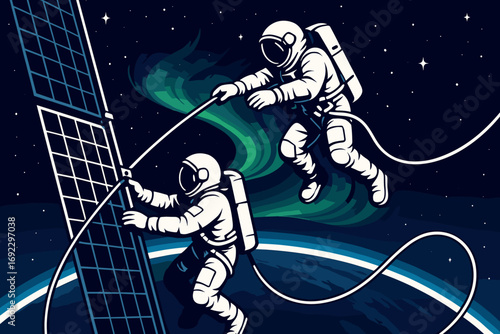 Illustration of astronauts repairing satellite solar panels in space with Earth and aurora in the background