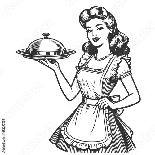 smiling waitress housewife in apron holding a covered dish, kitchen lifestyle and hospitality sketch engraving generative ai fictional character vector illustration. Scratch board. Black and white