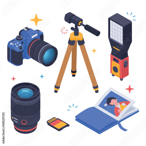 Photography equipment collection including camera lens tripod and photo album
