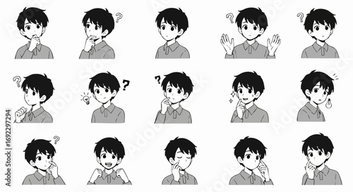 Confused manga boy ponders solutions and celebrates bright ideas with emotional expressions and gestures